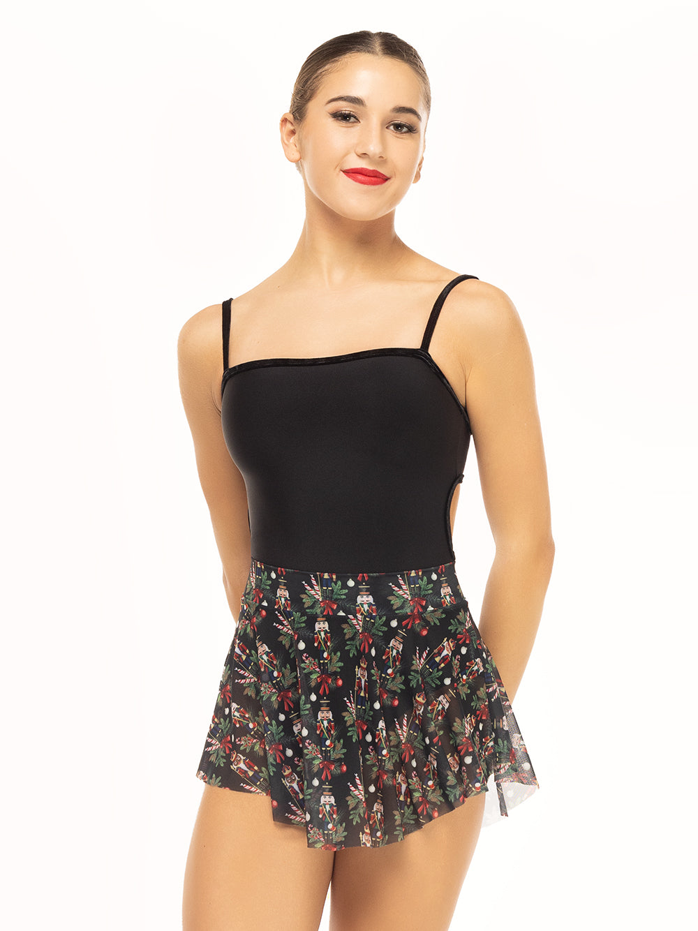 Eleve Dancewear Helena Leotard Kids in Black color, front close view of model posing.