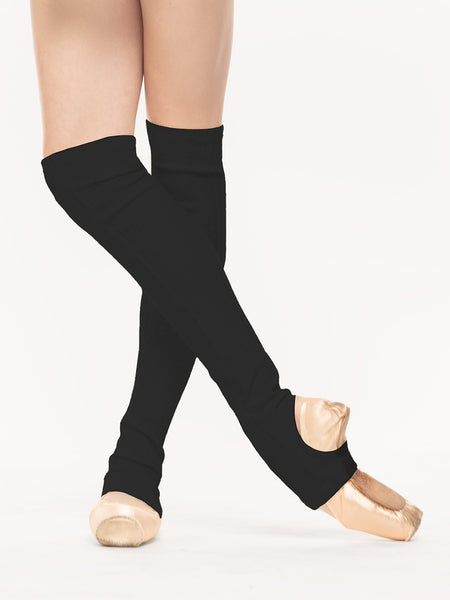 Eleve Dancwear Stirrup Leg Warmers Above Knee Knit in Black color, front legs view