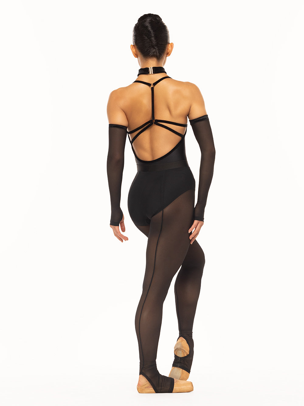 Eleve Dancewear Iris Leotard Kids in  Black Velvet print color, full body back view.