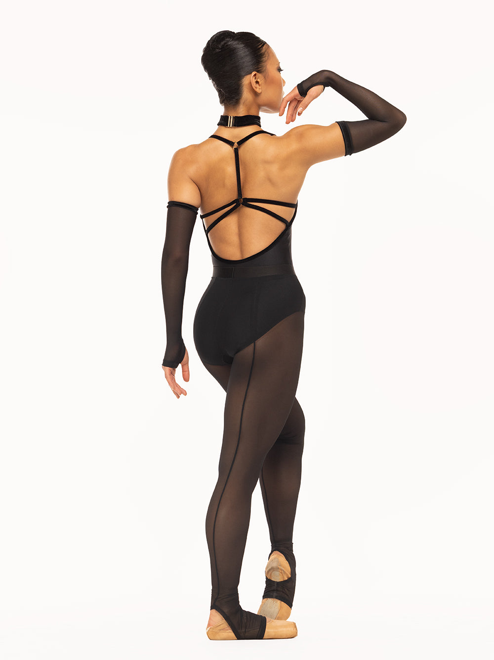Eleve Dancewear Arm Sleeves in Black Mesh color, full body back view.