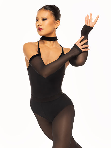 Eleve Dancewear Arm Sleeves Kids in Black Mesh color, front view.