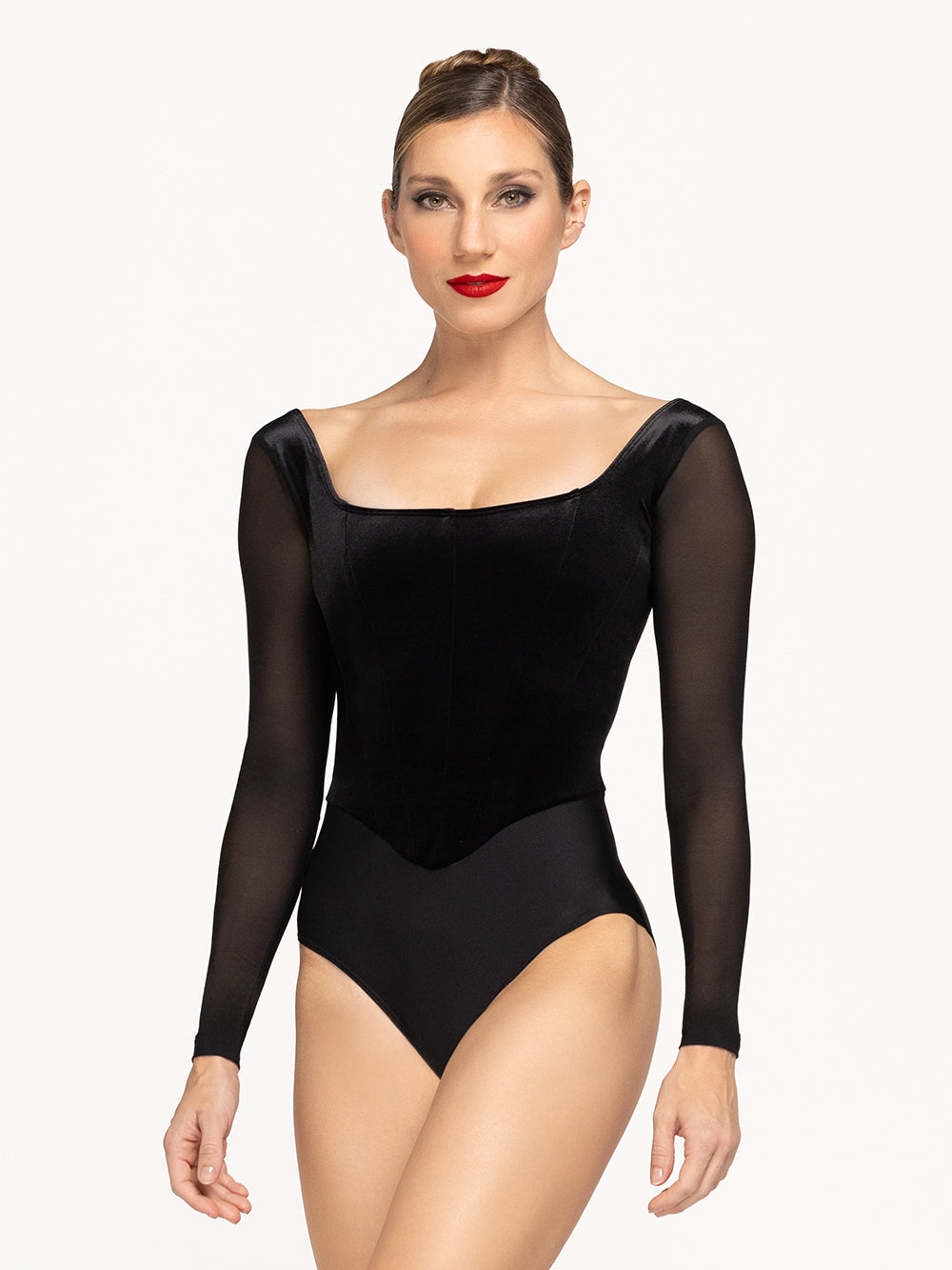 Eleve Dancewear Diana leotard Kid in Black Velvet in black color, front view.