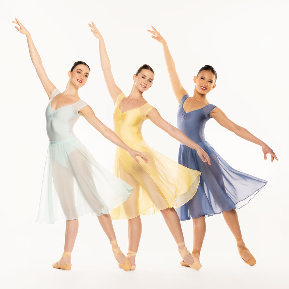 Eleve Dancewear Celine Leotard in Blue Steel print color, front view of three dancers on tendu derriere efface epaulement
