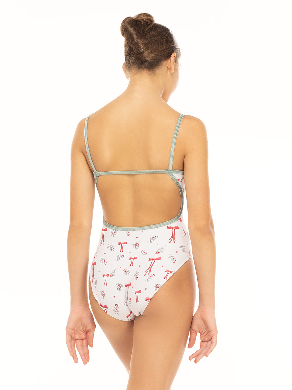 Eleve Dancewear Candy Leotard Kids in  Christmas Bows print color, back view.