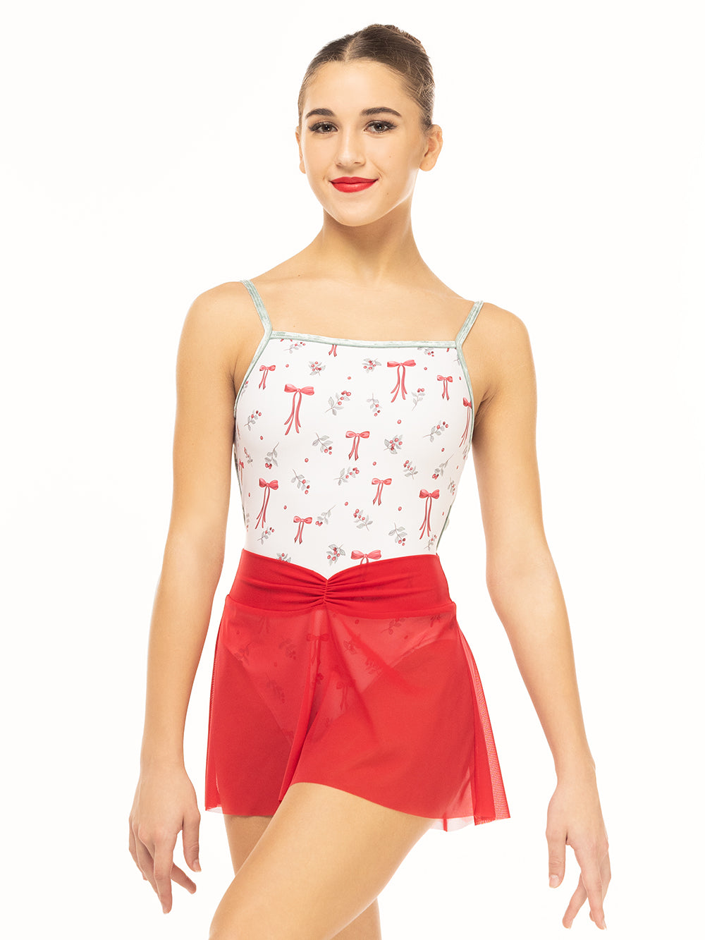 Eleve Dancewear Candy Leotard Kids in  Christmas Bows print color, front view of model posing.