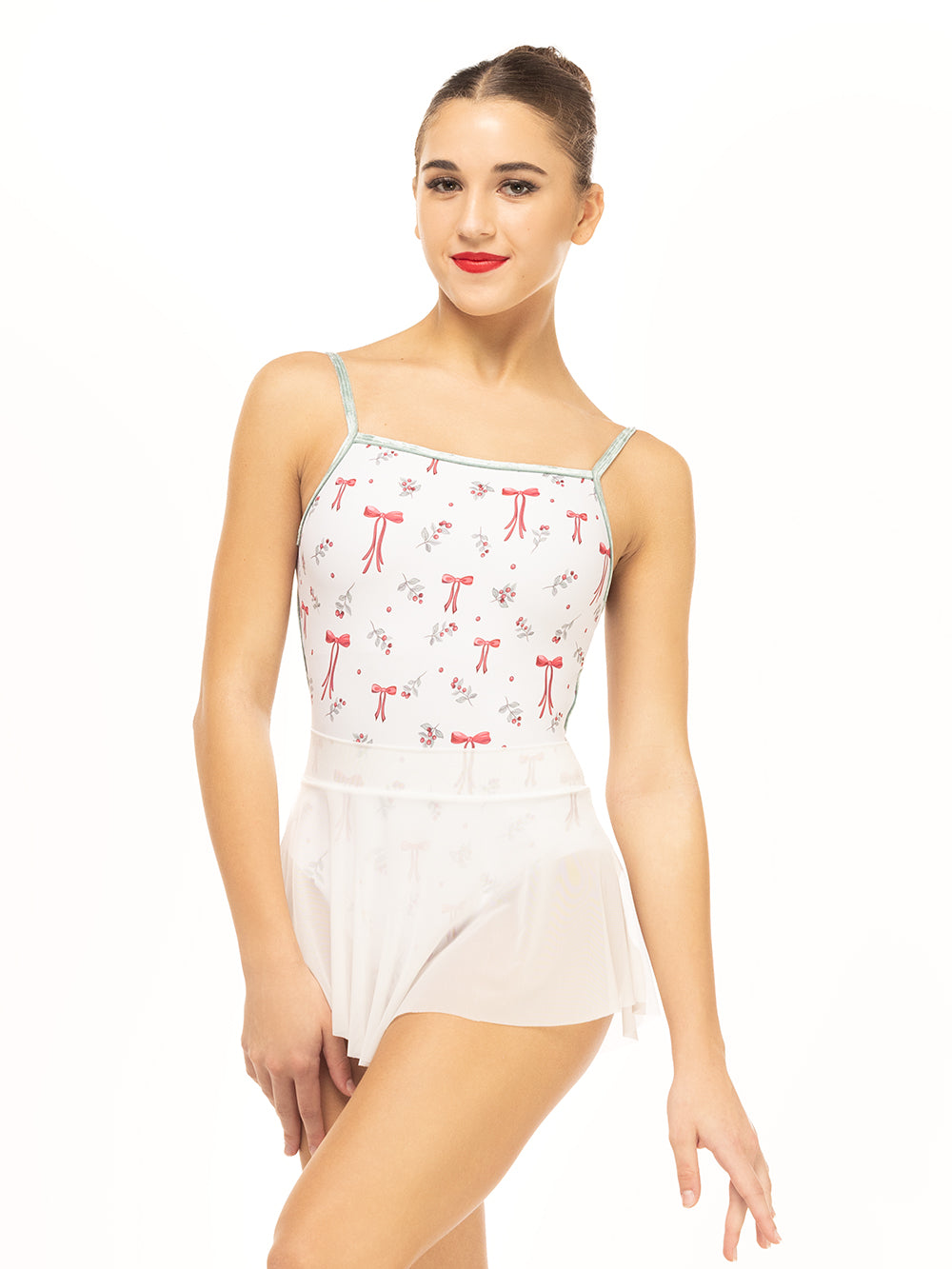 Eleve Dancewear Candy Leotard Kids in  Christmas Bows print color, front torso view.