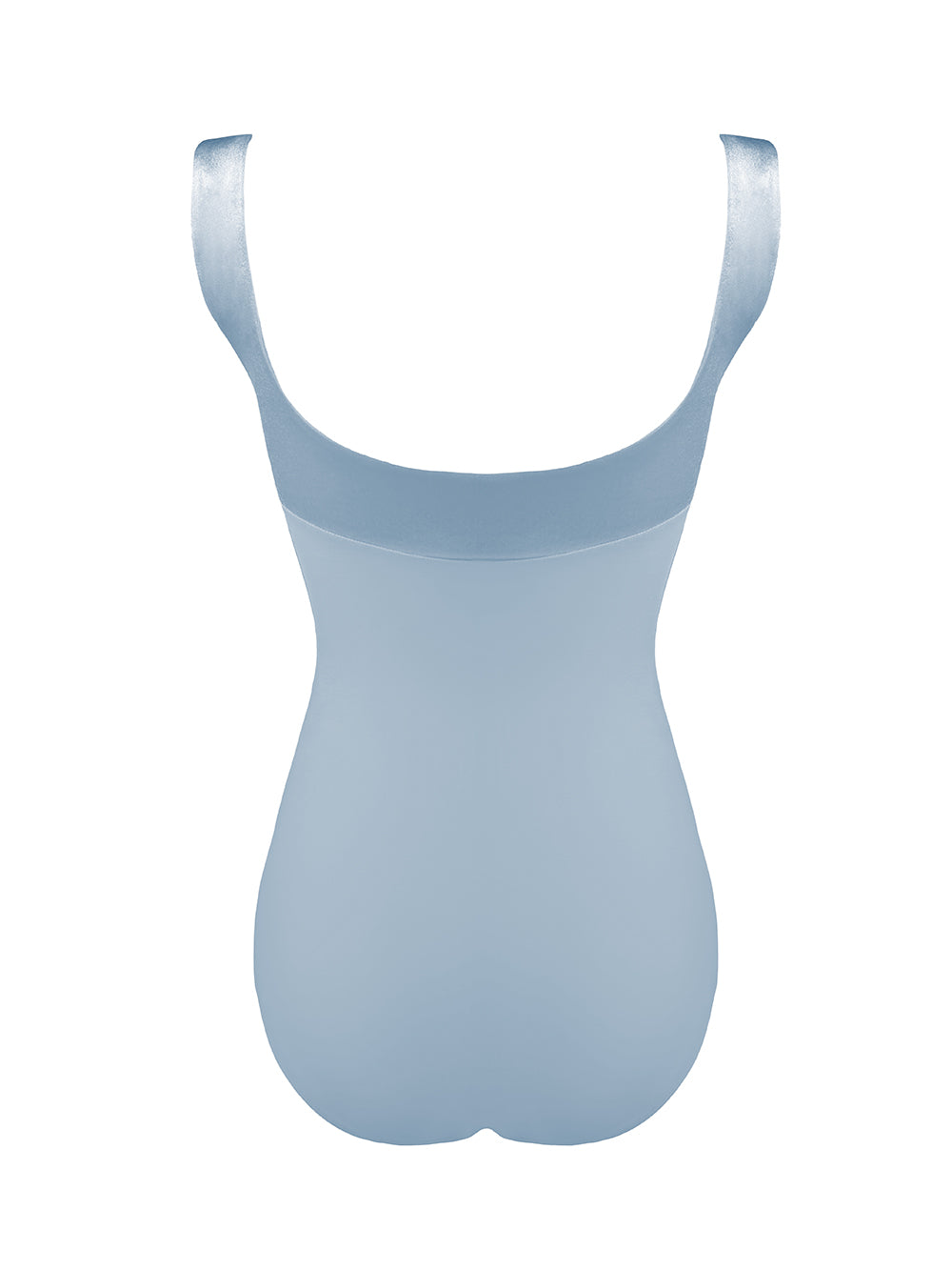 Custom Cindy Leotard Sample with Soft Powder Blue Base and Powder Blue Velvet Strap and Bow Detail, back view.
