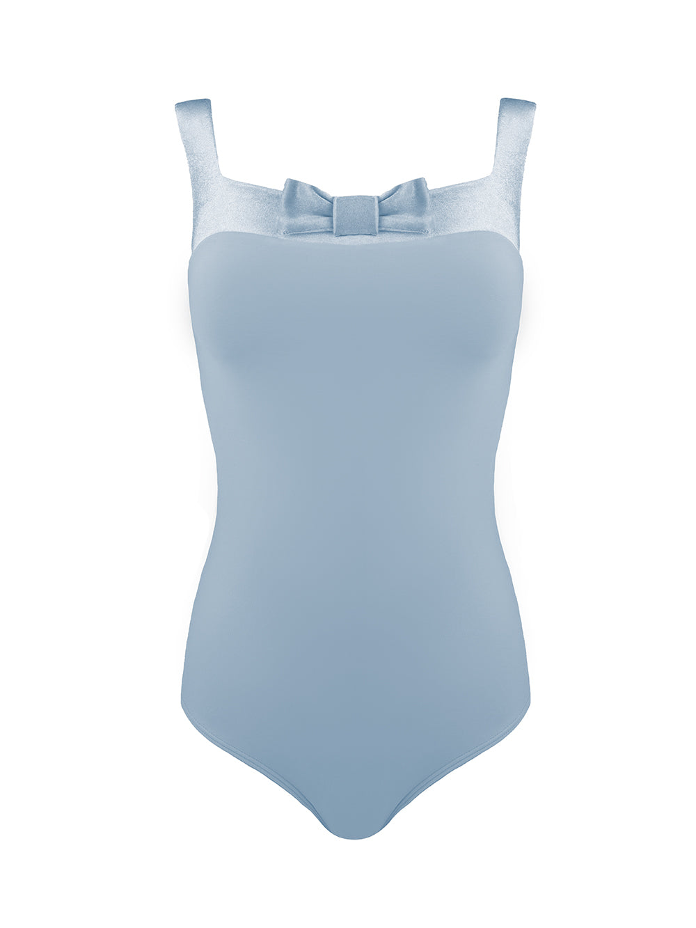Custom Cindy Leotard Sample with Soft Powder Blue Base and Powder Blue Velvet Strap and Bow Detail, front view.
