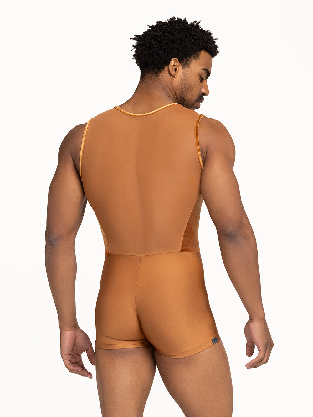 Eleve Dancewear Henry Biketard in Baroque Cognac print color, back view.