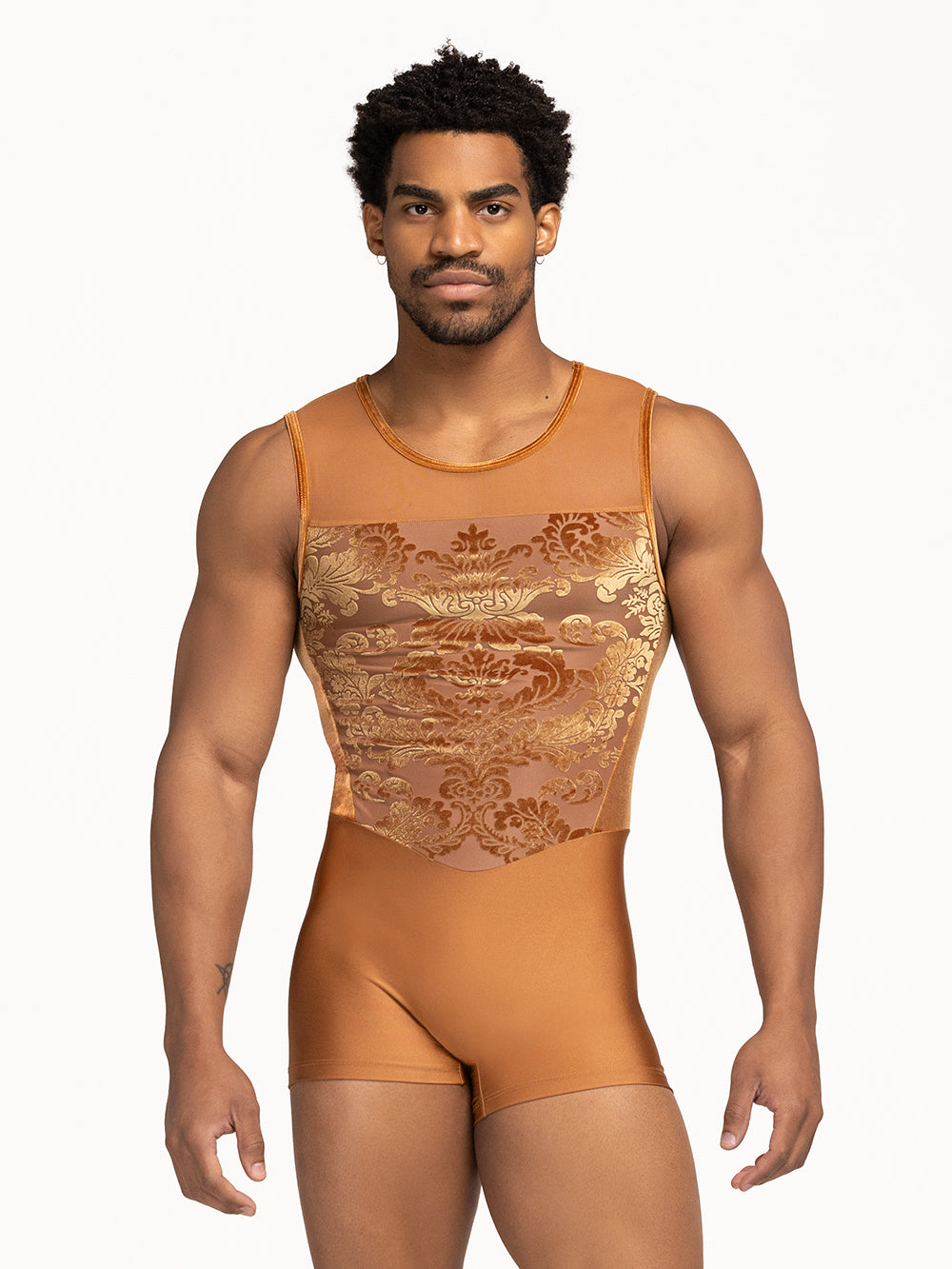 Eleve Dancewear Henry Biketard in Baroque Cognac print color, front torso view.