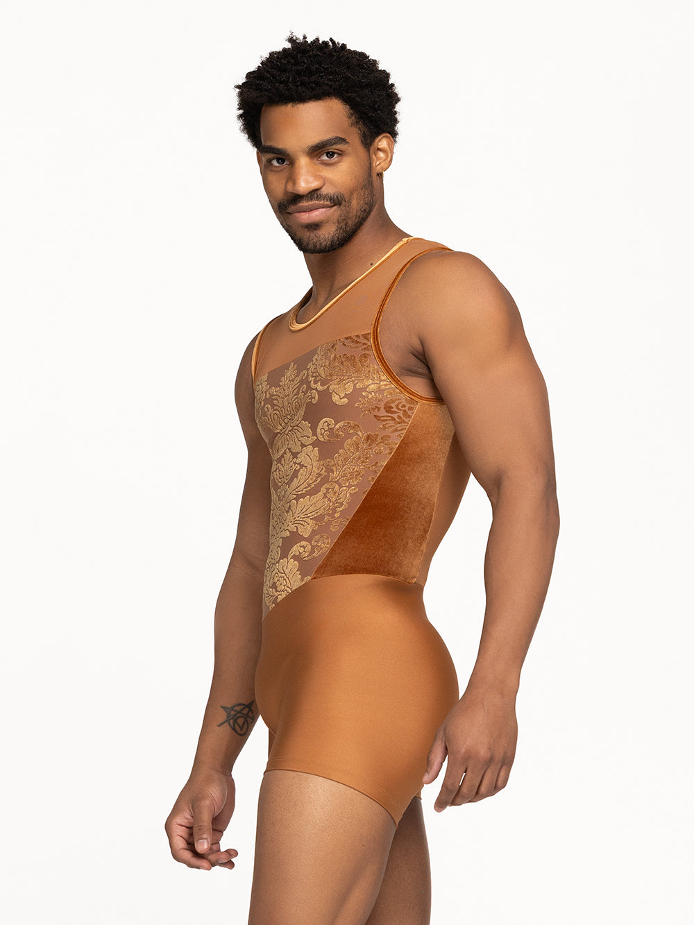 Eleve Dancewear Henry Biketard in Baroque Cognac print color, profile view.