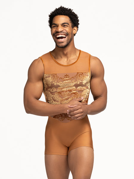 Eleve Dancewear Henry Biketard in Baroque Cognac print color, front view.