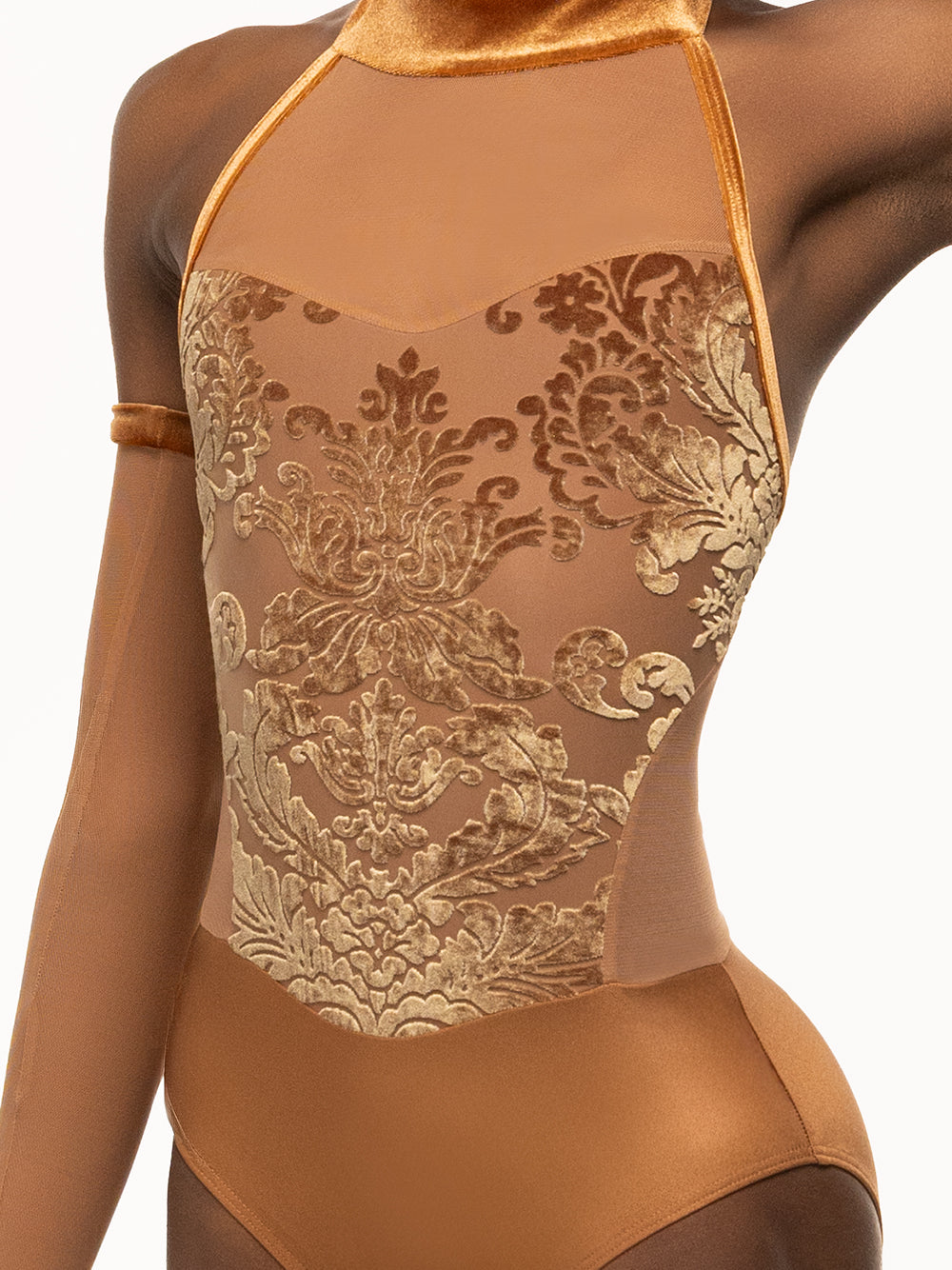 Eleve Dancewear Meghan Leotard in Baroque Cognac print color, front torso  close view.