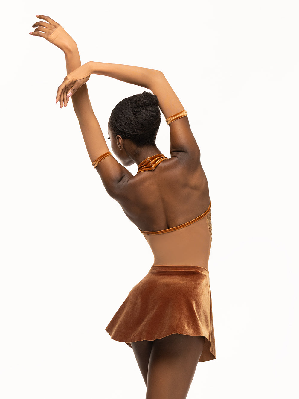 Eleve Dancewear Tulip Skirt in Cognac Velvet print color, back torso view.