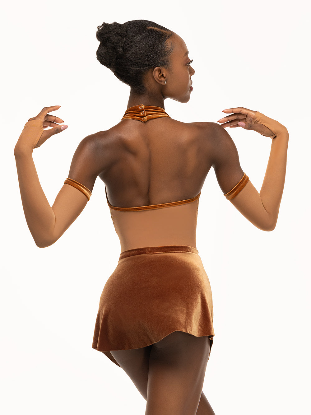 Eleve Dancewear Meghan Leotard Kids in Baroque Cognac print color, back torso view.