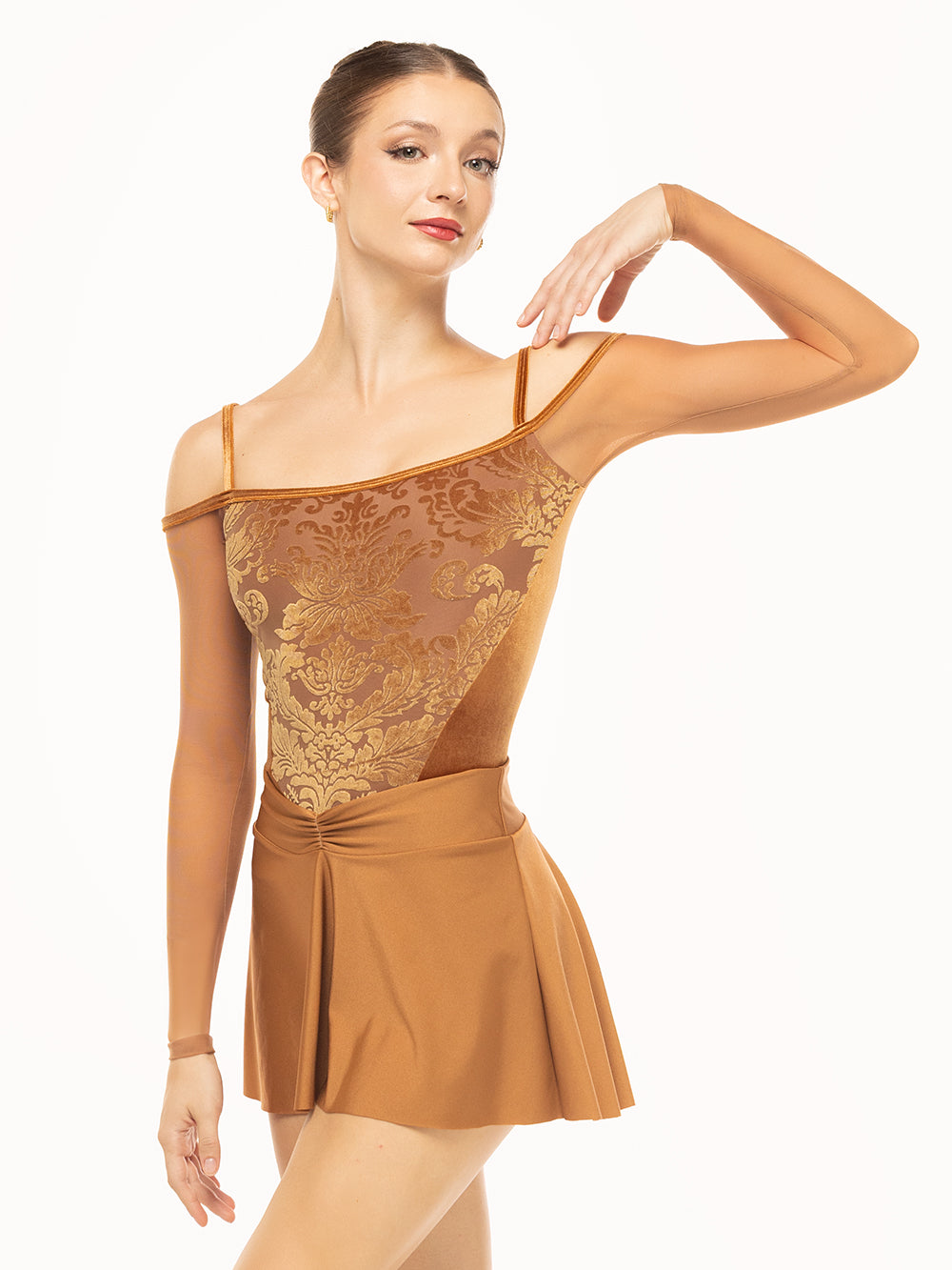 Eleve Dancewear Amora Skirt in Cognac color print, front view.