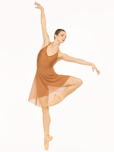 Eleve Dancewear Long High-Low Skirt in Cognac Mesh print color, front view of dancer posing on tendu devant croise.