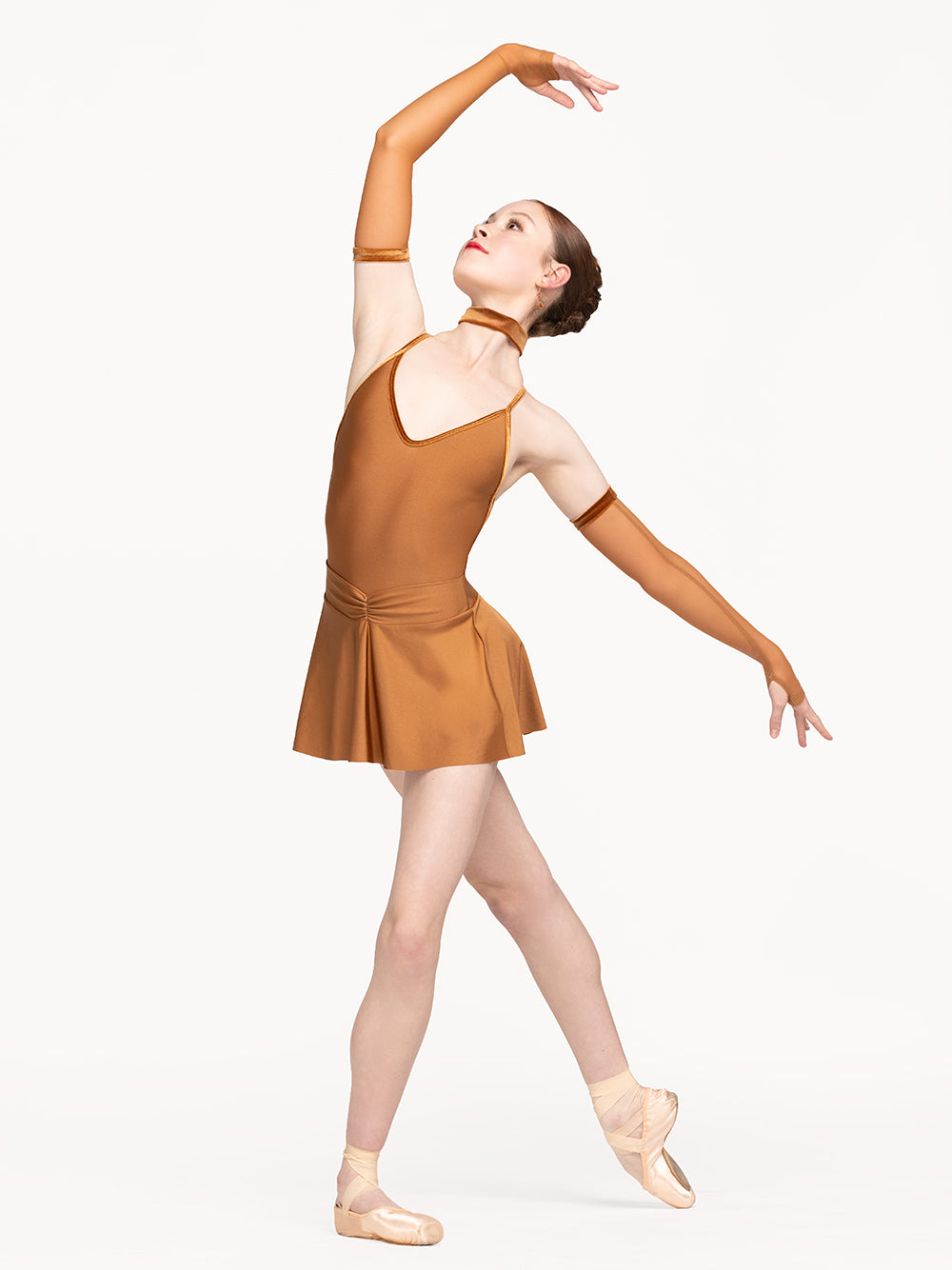Eleve Dancewear Iris Leotard, Choker, Amora Skirt and Mesh Arm Sleeves in Cognac color, front view.