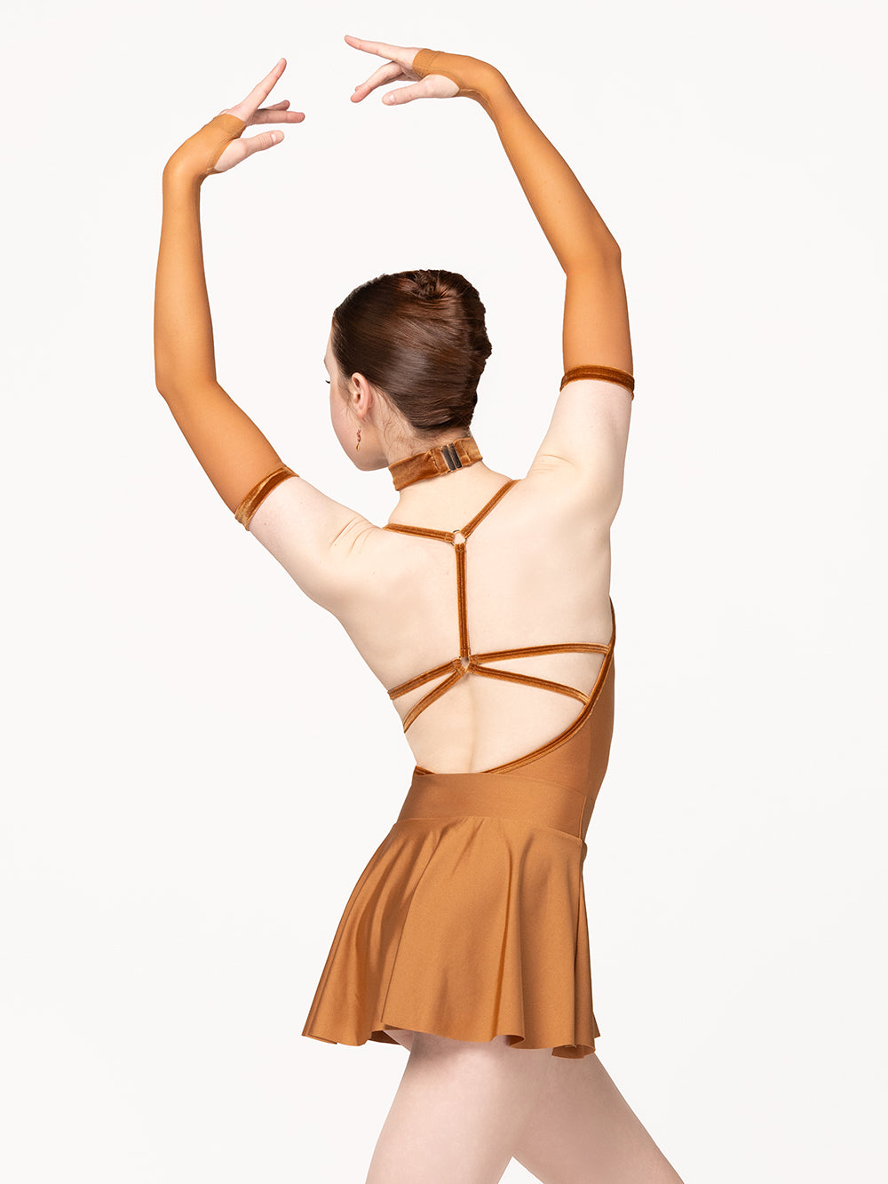 Eleve Dancewear Kids Mesh Arm Sleeves Cognac color, back view.