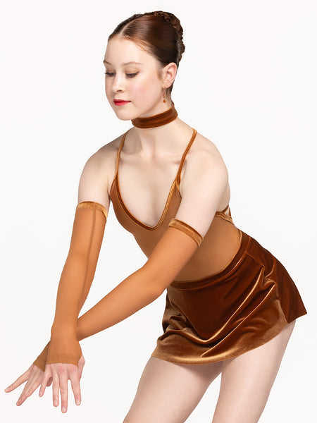 Eleve Dancewear Kids Mesh Arm Sleeves Cognac color, front view.