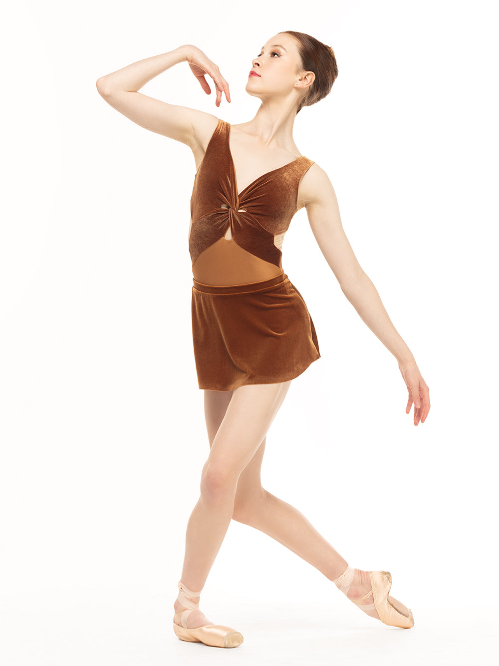 Eleve Dancewear Jackie Leotard in Cognac Velvet print color, front full body view.