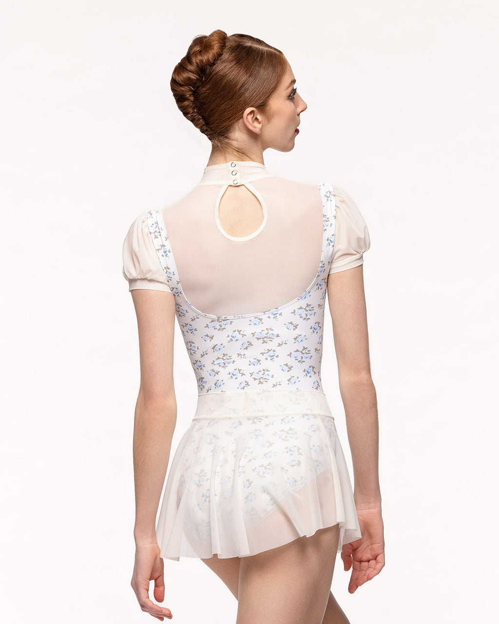 Eleve Dancewear Lina Leotard Kids in Secrets Blue print color, back view of dancer posing