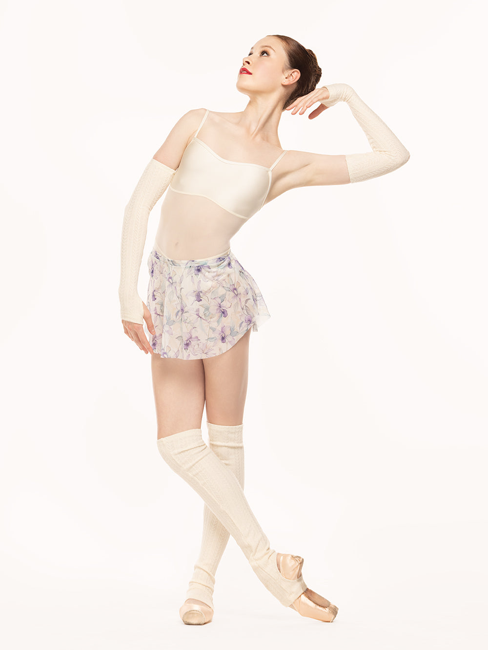 Eleve Dancewear Scarlett Leotard in Cream color, front full body view.
