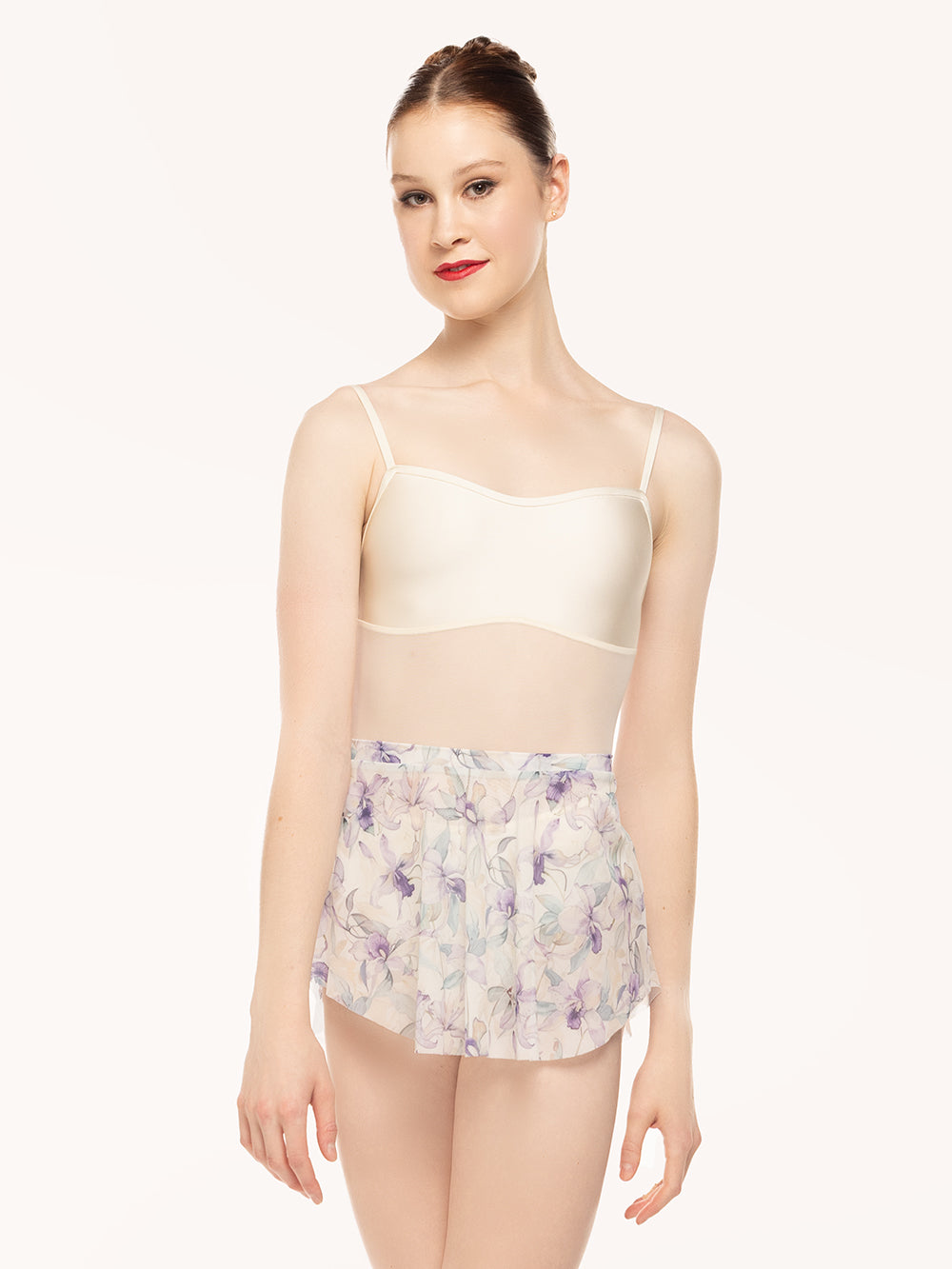 Eleve Dancewear Calla Skirt Kids in Wild Orchid print, front view.