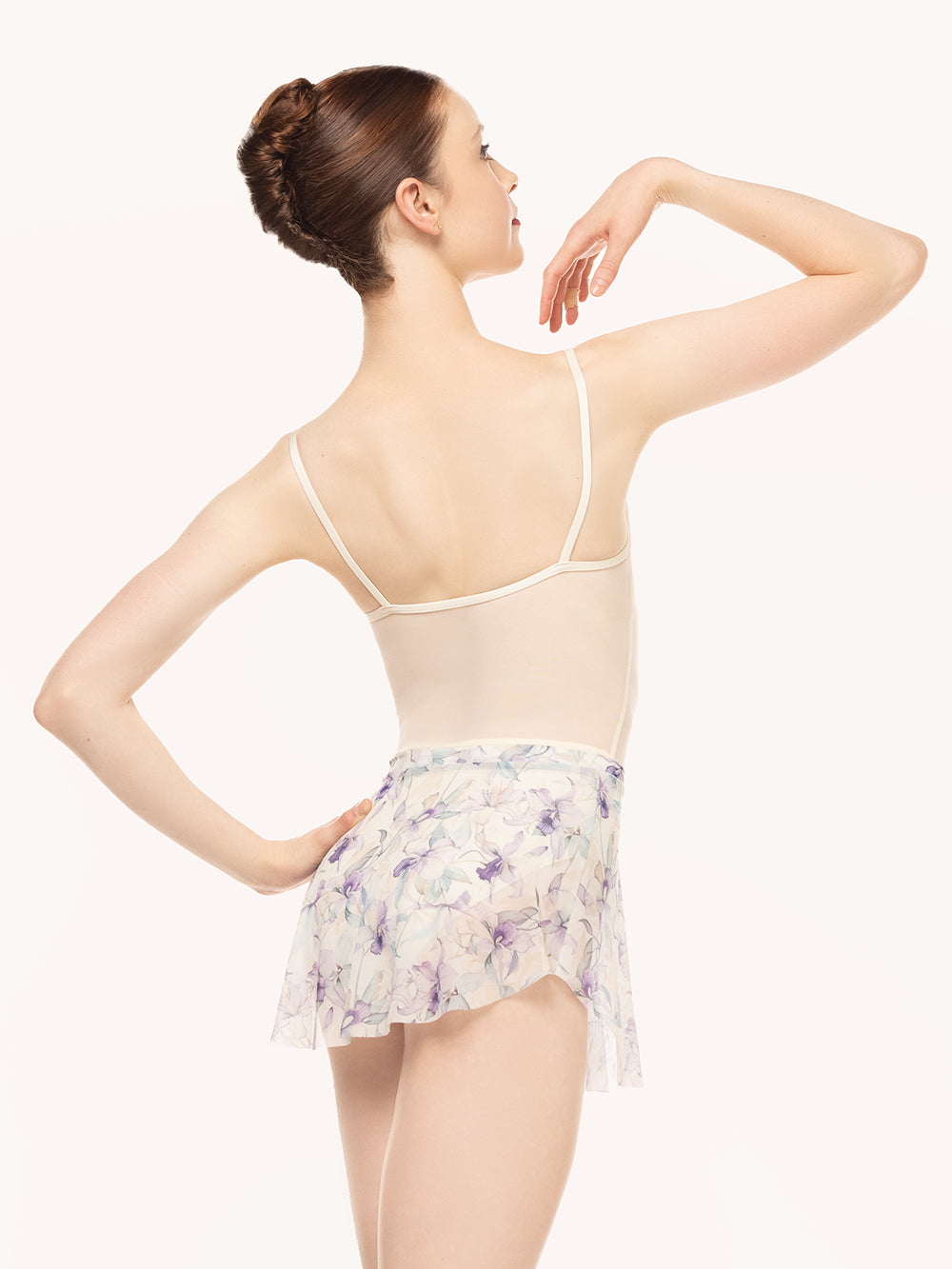 Eleve Dancewear Calla Skirt  in Wild Orchid print, back view.
