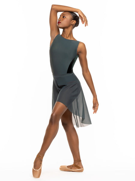 Eleve Dancewear Dramatic High-Low Skirt in Dark Forest Mesh print color, front view