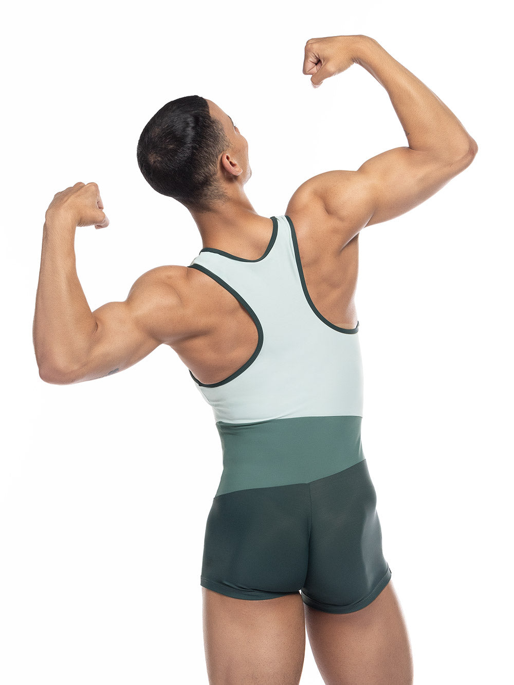 Eleve Dancewear Troy Biketard in Dark Forest color, back detail view