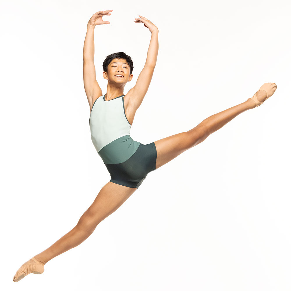 Eleve Dancewear Troy Biketard Kids in Dark Forest color, front view
