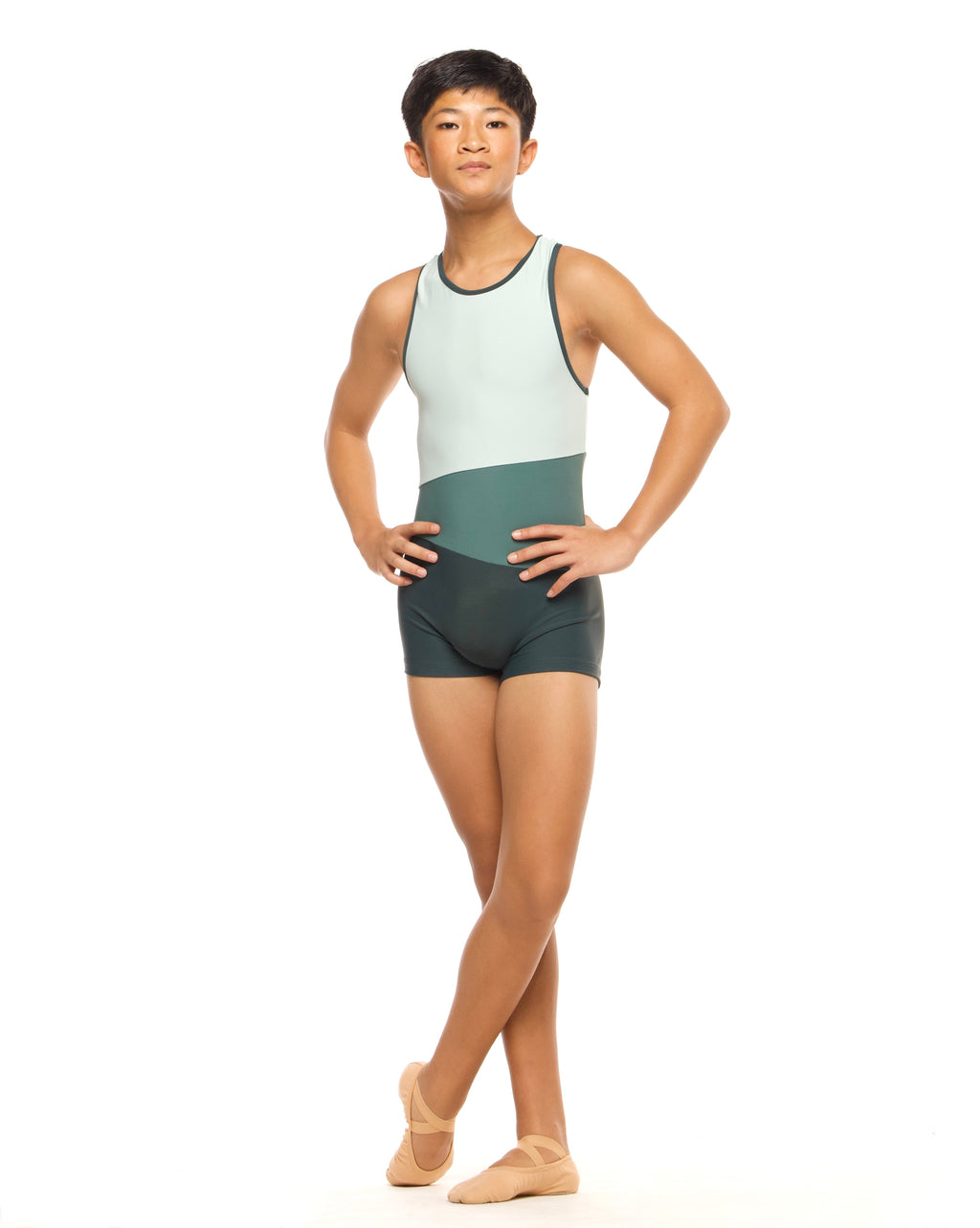 Eleve Dancewear Troy Biketard Kids in Dark Forest color, front detail view