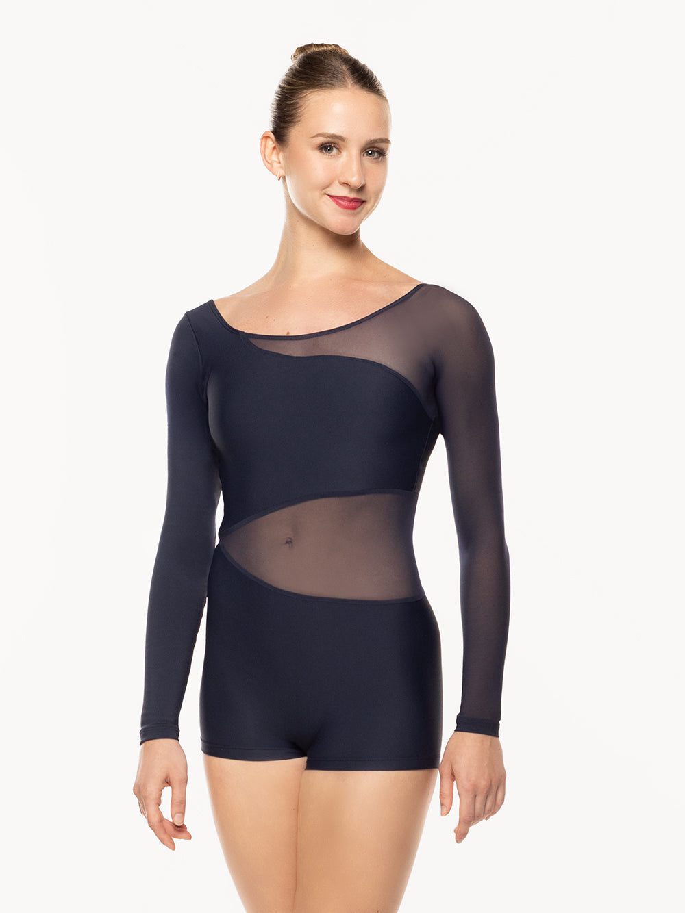 Eleve Dancewear Amelie Biketard in Eclipse color, front detail view. 