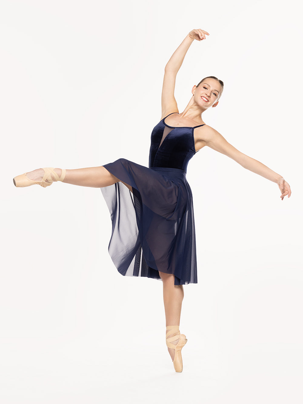 Eleve Dancewear Chloe Leotard in Eclipse color, model in dance pose front view. 