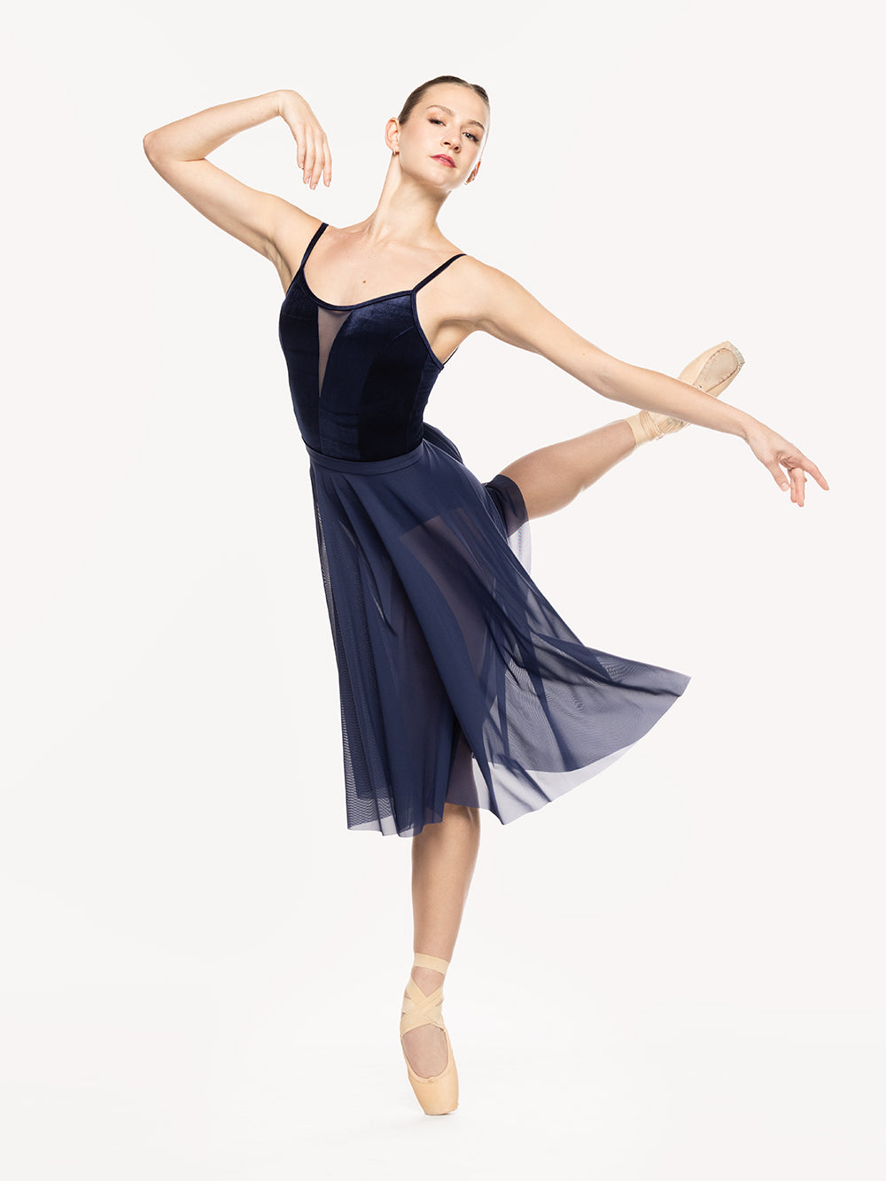 Eleve Dancewear Chloe Leotard Kids in Eclipse color, model in dance pose front view. 