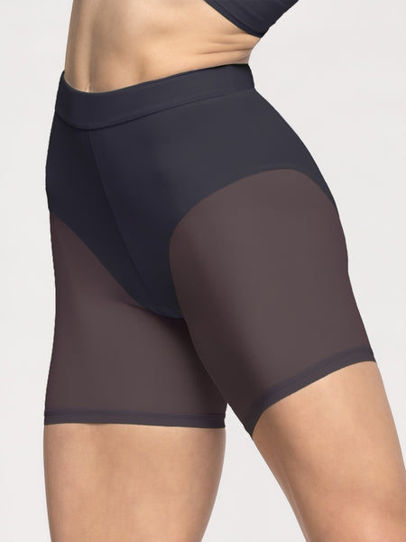Eleve Dancewear Back Seam Shorts in Eclipse Mesh color, close profile view