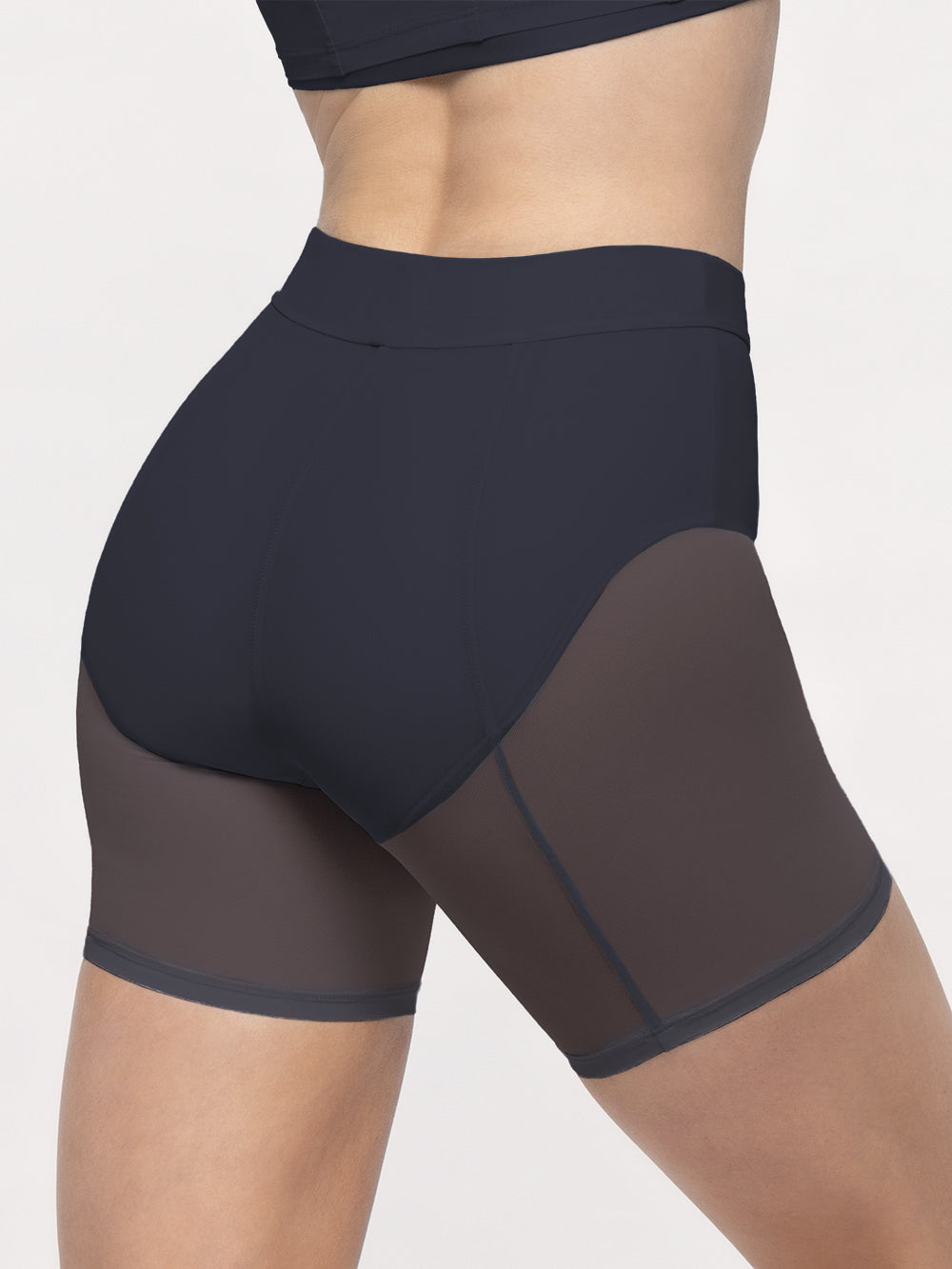Eleve Dancewear Back Seam Shorts in Eclipse Mesh color, close back view