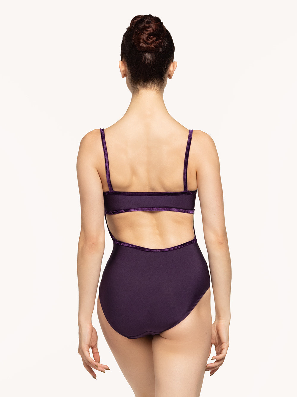 Eleve Dancewear Helena Leotard in Eggplant color print, back view.