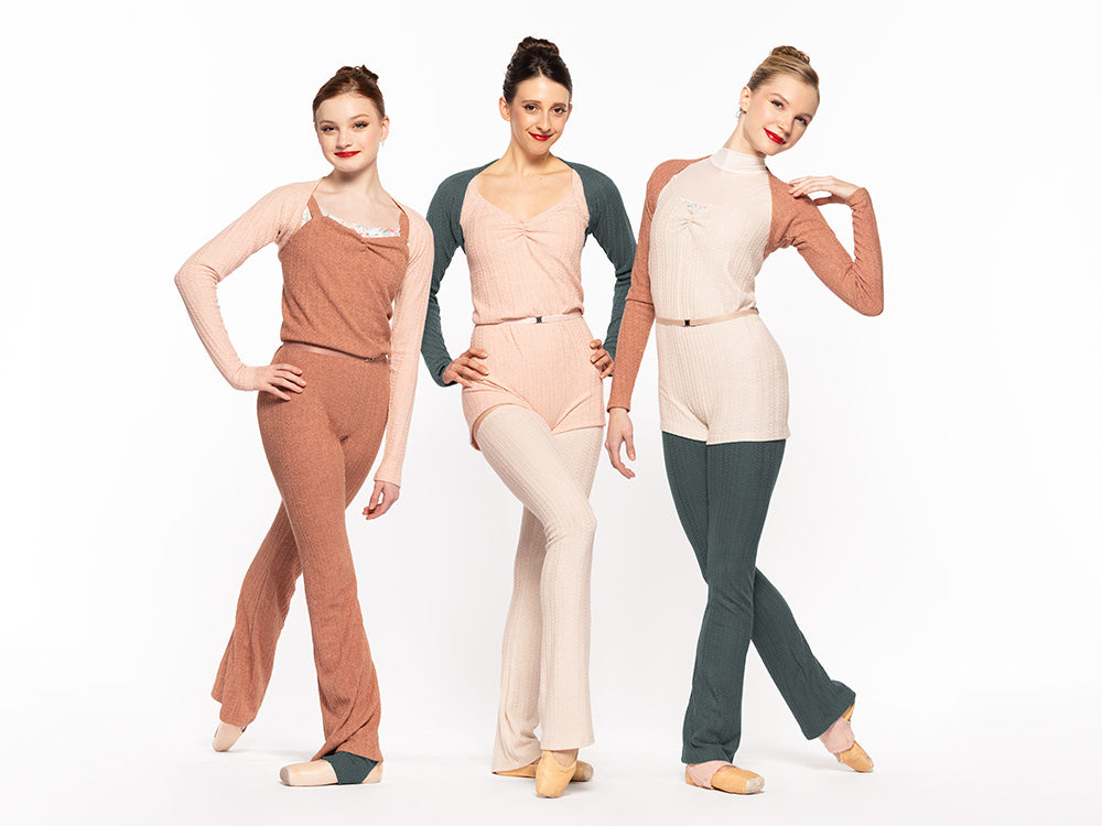 Eleve Dancewear Simone Shortie Knit in Oatmeal color, front view of three dancers posing