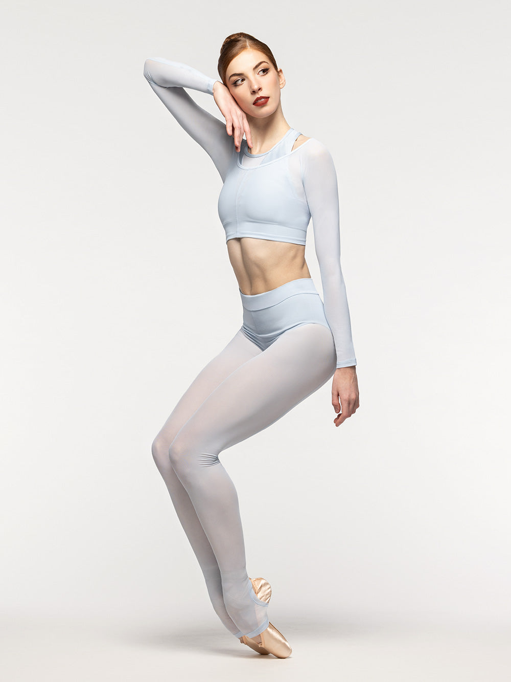 Eleve Dancewear Vivian Crop Top Kids in Frost print color, front view of dancer posing