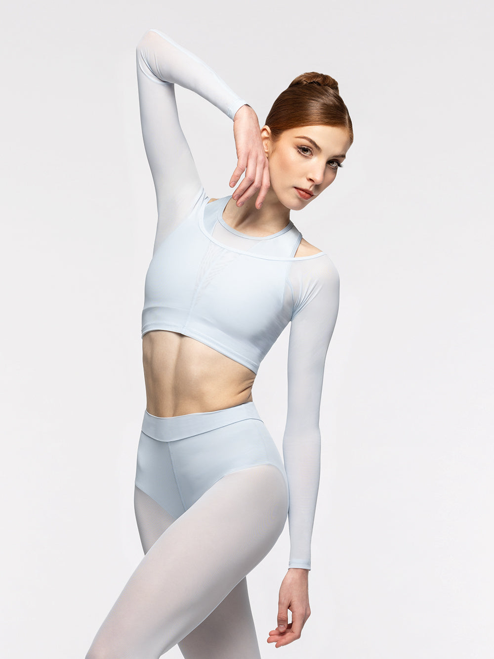 Eleve Dancewear Back Seam Crop Top Kids in Frost Mesh print color, front view