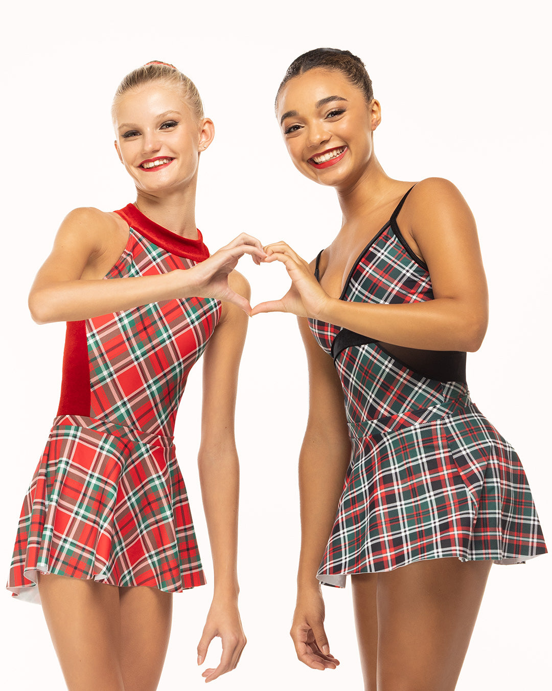 Eleve Dancewear Elysa Leotard Kids in Holi day Plaid Evergreen print, front view of two dancer posing.