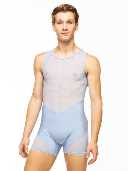 Model is wearing light blue men's activewear onesie with angled seams and a mesh top and back.