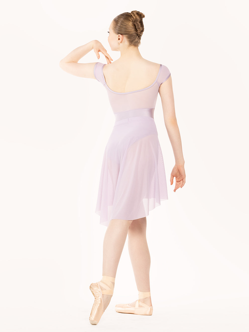 Eleve Dancewear Celine Leotard in Iced Lilac color print, full body back view of dancer posing.