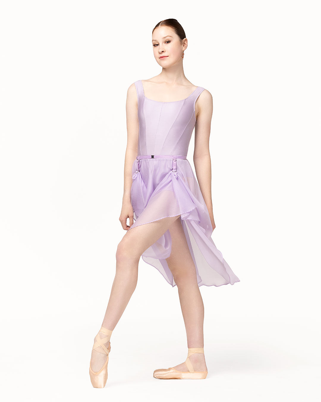 Eleve Dancewear Chiffon Rehearsal Skirt Kids in Iced Lilac color, back view of model posing.