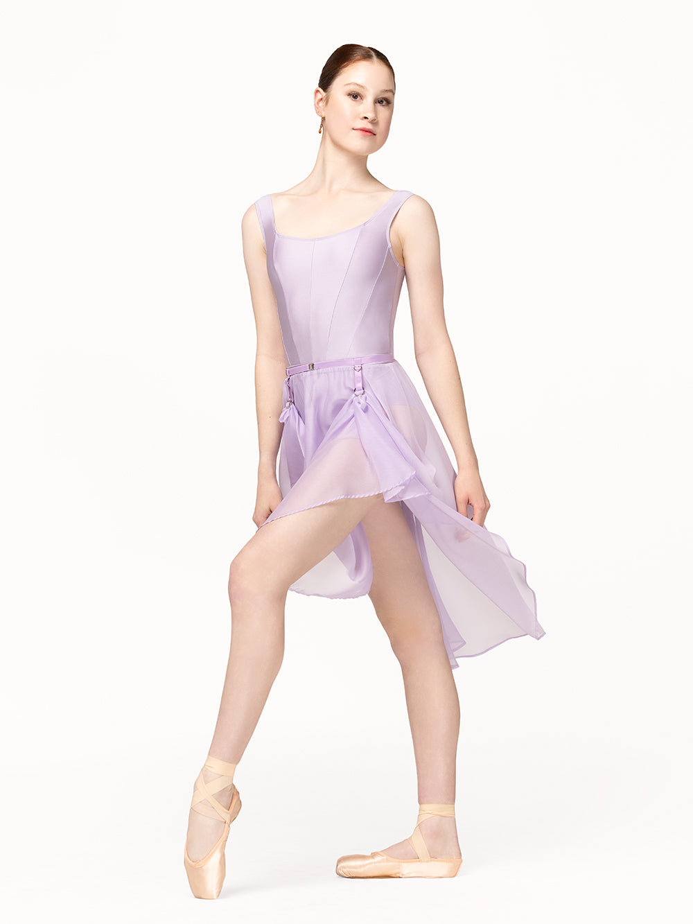 Eleve Dancewear Bustle Belt in Iced Lilac color, full body front view.