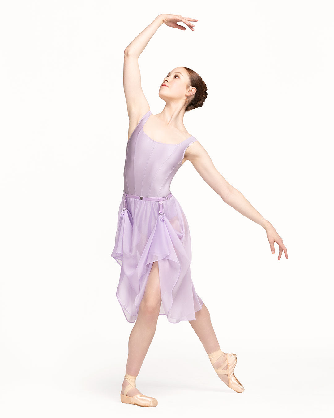 Eleve Dancewear Chiffon Rehearsal Skirt in Iced Lilac color, front full body view of dancer posing.