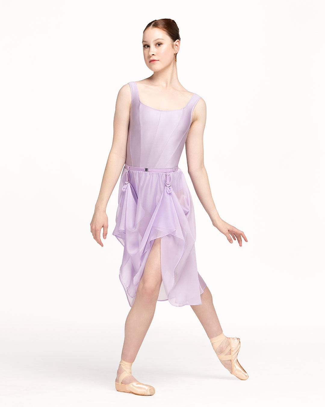 Eleve Dancewear Chiffon Rehearsal Skirt Kids in Iced Lilac color, front view of model posing.