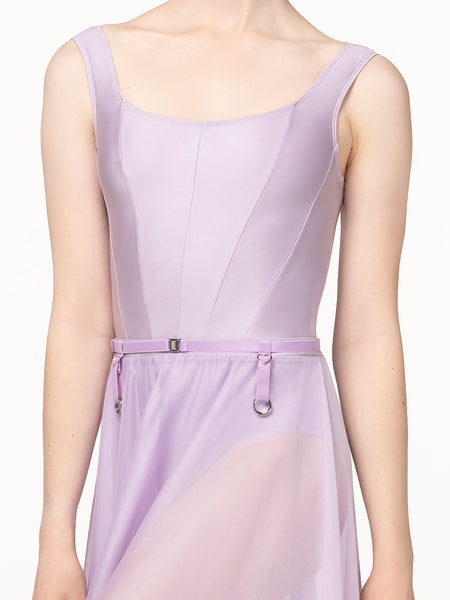 Eleve Dancewear Bustle Belt in Iced Lilac color, close torso view.